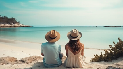 Fototapeta na wymiar Beautiful tourist with hats sits on a tropical beach and enjoys view, generative ai tools