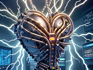 A Mechanical Heart with Pipes and Lightning in a Computer Room, Generative AI