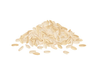 Heap of brown rice seeds isolated on white background. Healthy organic food. Vector cartoon illustration.