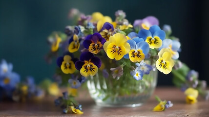 Fototapeta na wymiar Bouquet of spring blue, yellow flowers violets in a vase on the table, generative AI tool 