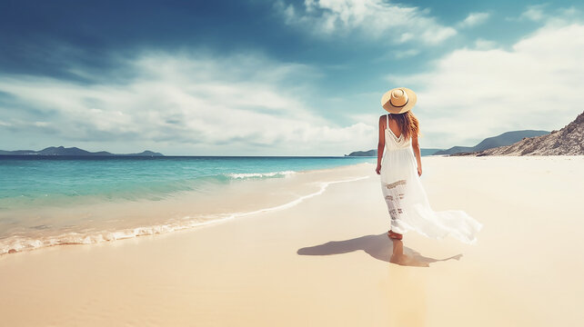 Beach vacation woman walking on summer , wearing white sun hat and sarong skirt. Ocean panoramic banner background , generative AI tool 