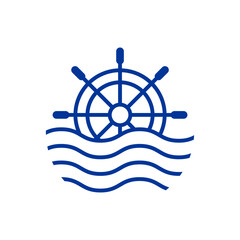 Logo Nautical. Timón de barco lineal con olas de mar © teracreonte