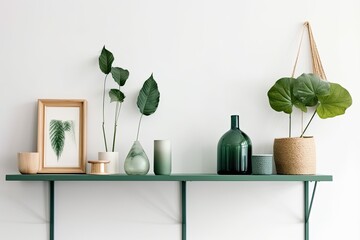 Two minimalist green decorations are displayed on a shelf on a white wall. Generative AI