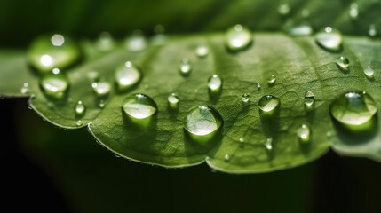 Rain water drops on green leaves on natural background. Based on Generative AI