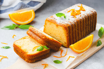 Orange Pound Cake, Moist Loaf Cake with Orange Zest on Bright Background