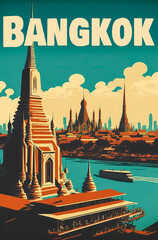 Obraz premium Vintage 1960s image of Bangkok with Wat Arun and Chao Phraya River; Light blue sky, muted colors and solid design. Generative AI