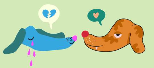 portraits of dogs in flat style. sad dachshund and mongrel in love. relationships and feelings. stylized pets. 