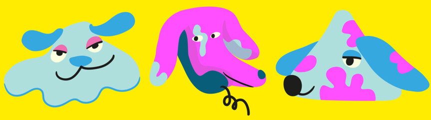 portraits of dogs in flat style.three dogs in pink and blue colors.the dog is talking on the phone.calm kind dogs.stylized pets. 
