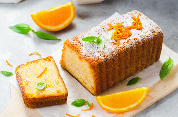 Orange Pound Cake, Moist Loaf Cake with Orange Zest on Bright Background