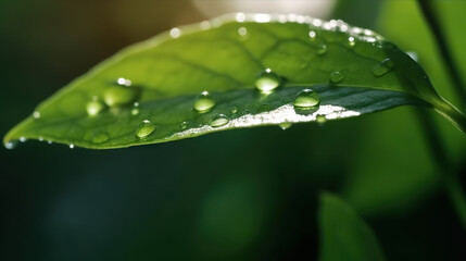 Rain water drops on green leaves on natural background. Based on Generative AI