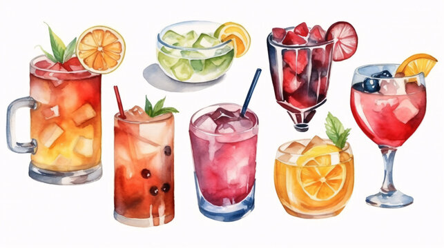 watercolor detailed illustrations of different types of cocktails made with generative ai