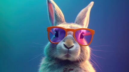 Happy bunny with sunglasses on colorful background. Generative AI