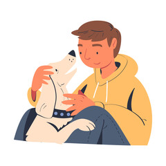 Young Man Character Embracing His Favorite Dog Pet Vector Illustration