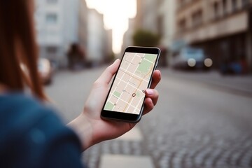 a woman holding a smartphone to navigate around town, illustration