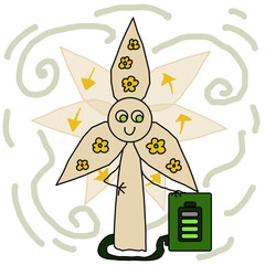 Happy cartoon modern windmill with flowers on its blades rotating in the wind and charging a battery with green energy