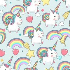 Seamless pattern with cute unicorns and rainbow. Vector illustration Generative AI