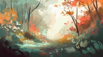 A beautiful artistic nature background with pastel colors and forest with open space. Generative AI. 