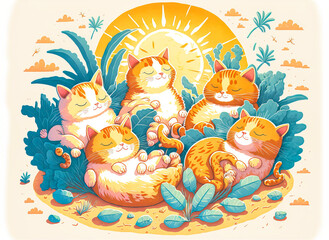 Fototapeta premium Cats lounging in the sun. Stylized style with warm, bright and cheerful colors, expressive and fluffy details. Generative AI