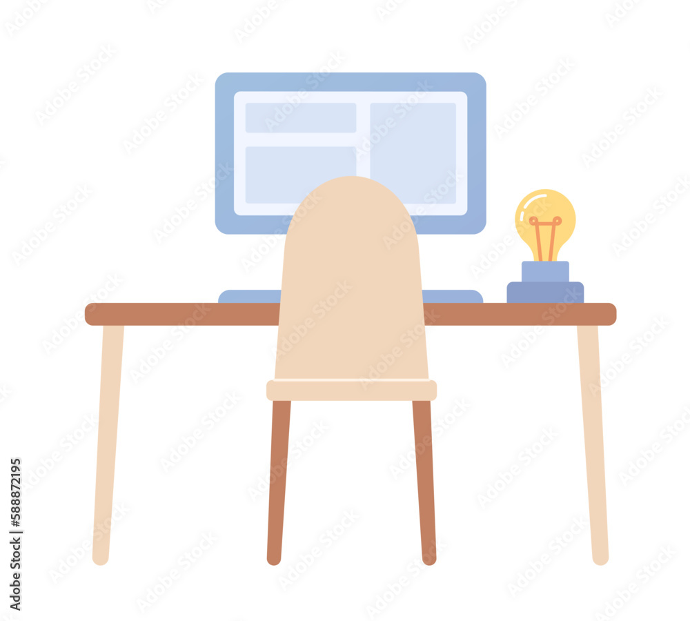 Wall mural workspace for idea generator semi flat color vector object. table with computer. editable icon. full