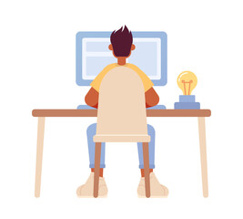 Guy sitting at table with computer semi flat color vector character. Editable figure. Full body person on white. Simple cartoon style spot illustration for web graphic design and animation