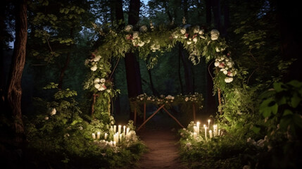 Night  wedding  ceremony  with  arch  orchid  flowers, chairs. Wedding decorations. Generative AI