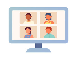 Computer monitor with online video meeting semi flat color vector object. Editable icon. Full sized element on white. Simple cartoon style spot illustration for web graphic design and animation