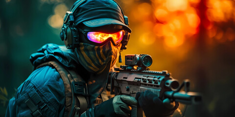 Fototapeta na wymiar Masked Gaming Operator with Weapon. Color Highlights. Landscape. Helmet, Mask and Glasses. Gaming Background. Created by Generative AI