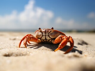 Fototapeta na wymiar Crab on the beach with blue sky and white clouds in background