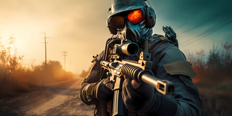 Masked Gaming Operator with Weapon. Color Highlights. Landscape. Helmet, Mask and Glasses. Gaming Background. Created by Generative AI