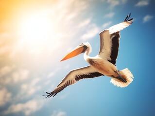 Fototapeta na wymiar Pelican in flight against the blue sky with clouds and sun.