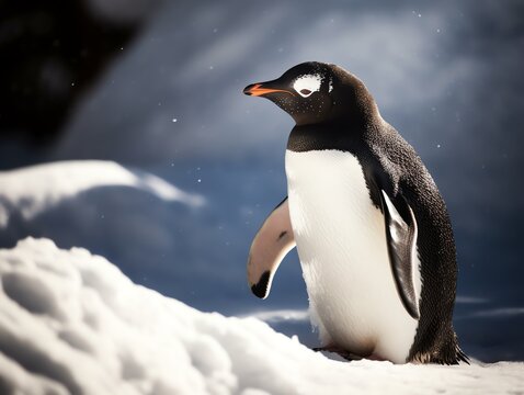 Gentoo penguin standing on the snow.