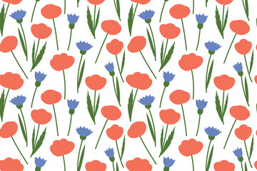 summer nature seamless pattern with poppies and cornflowers - vector illustration