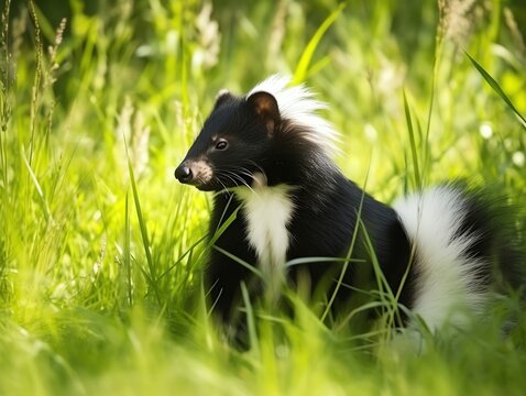 Black and white little skunk sitting in green grass on a sunny day