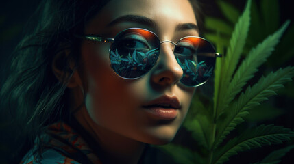 Beautiful woman in sunglasses that reflect marijuana leaves created with generative AI technology - obrazy, fototapety, plakaty
