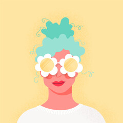 Portrait of a woman with daisy flower sunglasses. Spring inspiration. Vector illustration, flat design