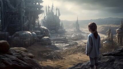 A Futuristic Adventure: Child on a Hill Gazes at High-Tech Manufacturing Facility with Ultra-Realistic Sci-Fi Shapes and 5th Element Vibes, Generative AI