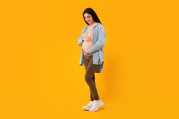 Fototapeta na wymiar Healthy pregnancy concept. Young expectant woman touching her belly and looking at it, yellow background, full length