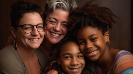 Fototapeta premium An image of a loving LGBT family, with two lesbian parents and their children, smiling and embracing each other, against a warm and welcoming background. Generative AI