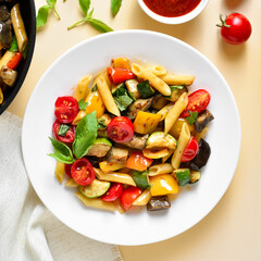 Penne pasta salad with roasted vegetables