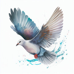 Obraz premium Watercolor portrait drawing of a Flying Dove. Generative AI