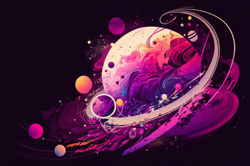 An abstract illustration capturing the vastness of the universe with swirling shapes, in purple and pink tones to promote imaginative and creative concepts. Generative AI