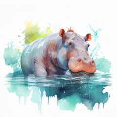 Watercolor portrait drawing of a Hippo. Generative AI