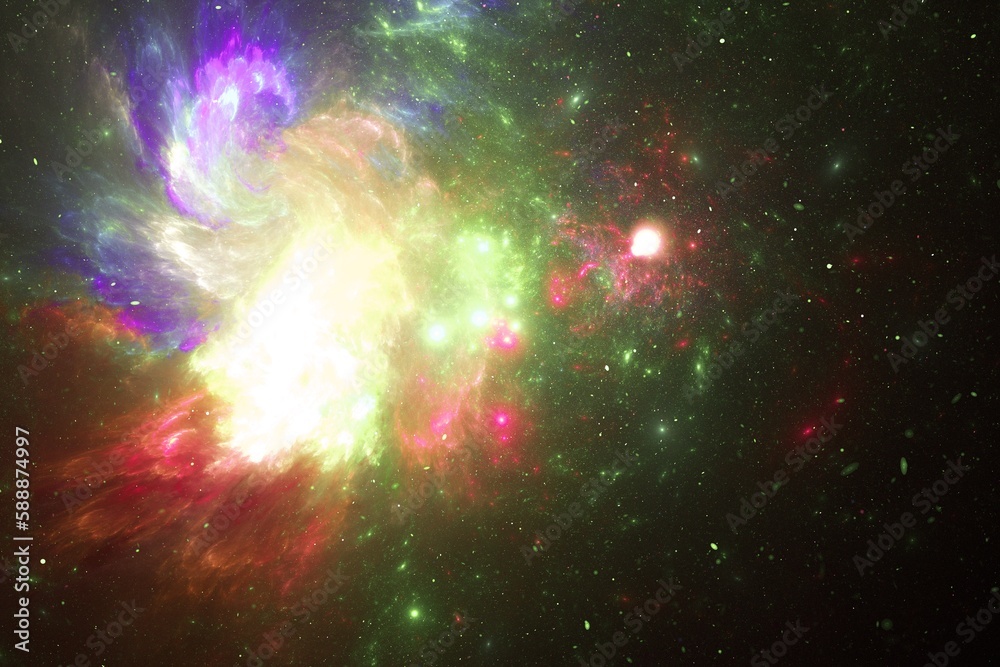 Wall mural yellow multicolored clouds of stardust in black space. abstract fractal 3d rendering