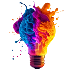 Foto auf Acrylglas a colorful glowing idea bulb lamp, isolated design element on transparent background, visualization of brainstorming, bright idea and creative thinking, generative ai © CROCOTHERY
