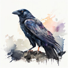 Watercolor portrait drawing of a Raven. Generative AI