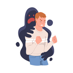 Young Man Feeling Anger and Malice Grasped by Dark Inner Monster Vector Illustration