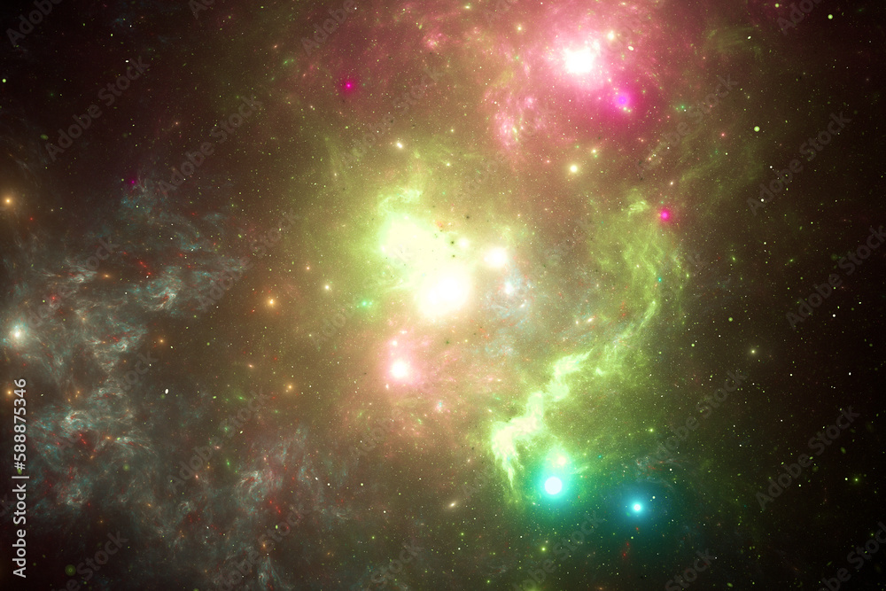 Wall mural yellow multicolored clouds of stardust in black space. abstract fractal 3d rendering