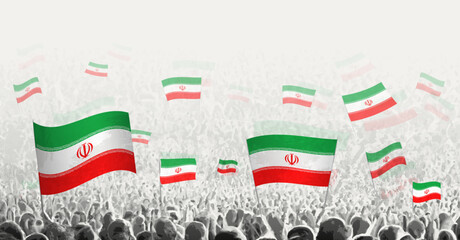 Abstract crowd with flag of Iran. Peoples protest, revolution, strike and demonstration with flag of Iran.