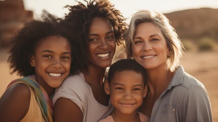 Obraz premium An image of a loving LGBT family, with two lesbian parents and their children, smiling and embracing each other, against a warm and welcoming background. Generative AI