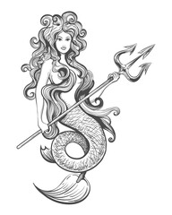 Mermaid with Trident Monochrome Tattoo